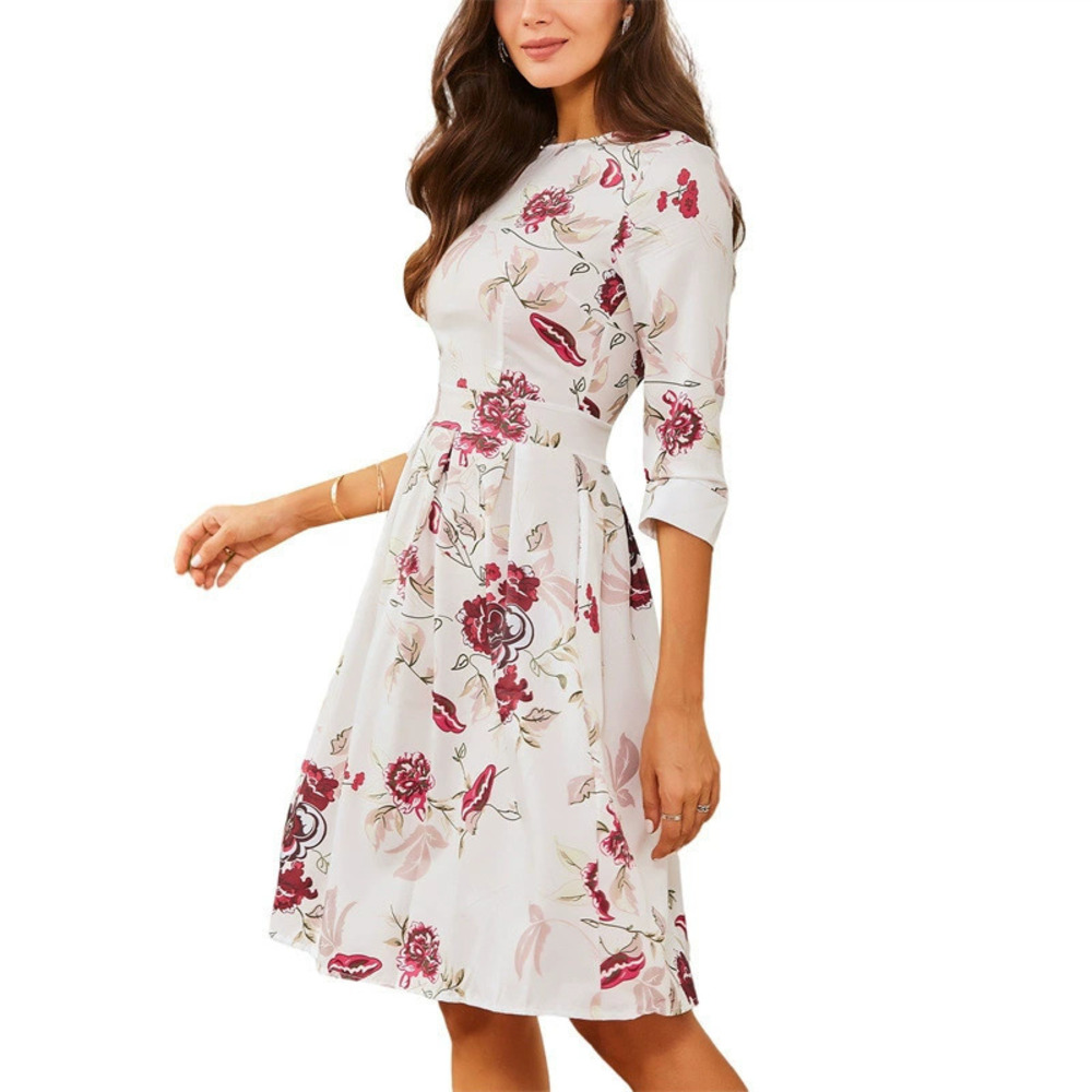Vintage Floral Print A Line Dress Three Quarter Sleeve Round Neck Office Elegant